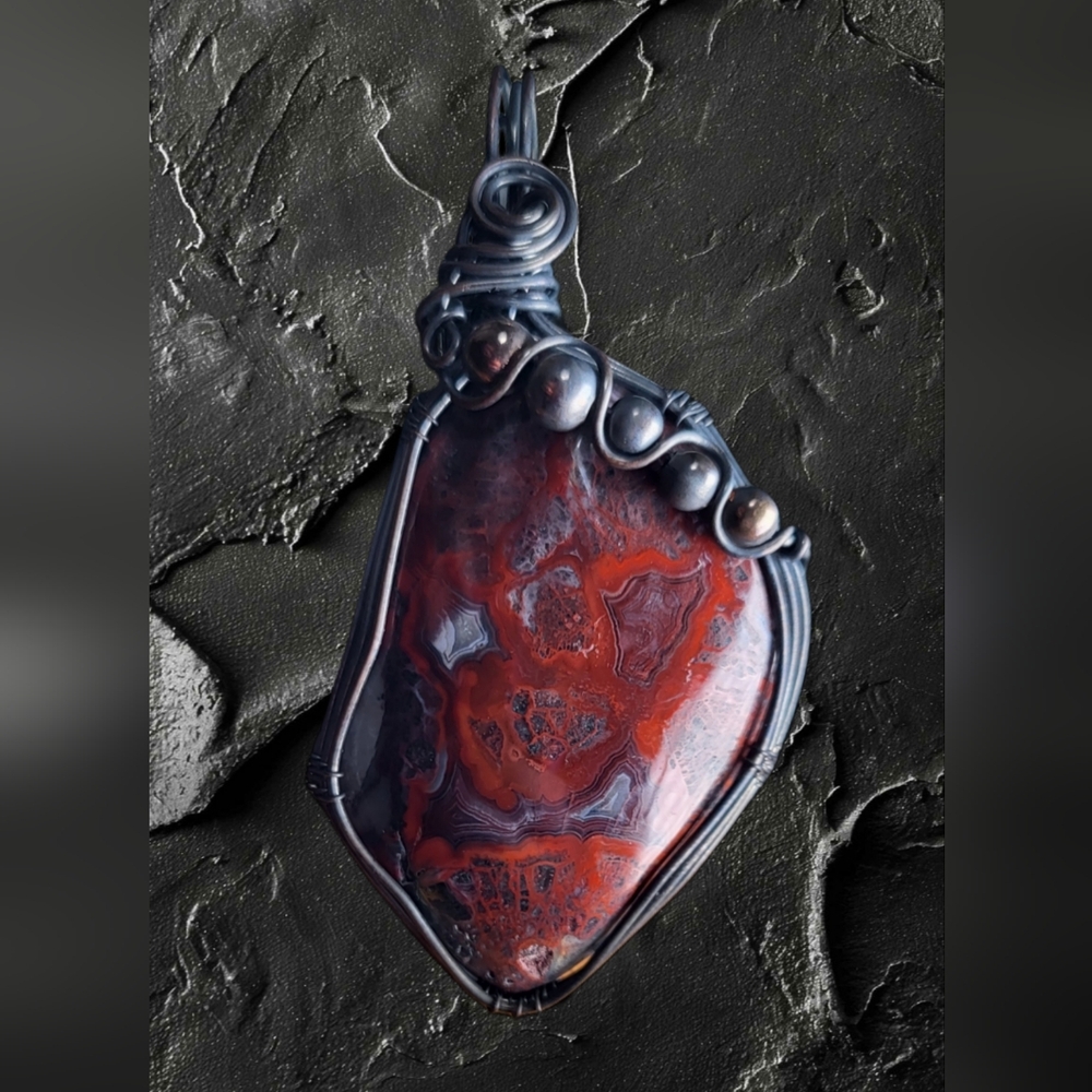 Handcrafted Boho Copper Jewelry Crazy Lace Agate Pendant